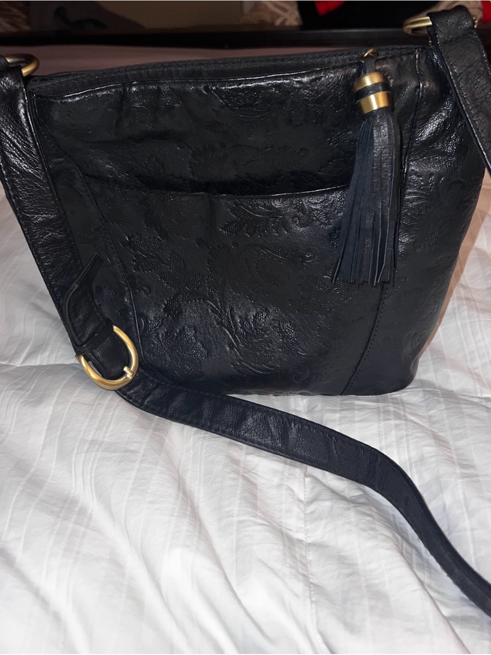 Black Leather Tassel Crossbody Bag - Women
